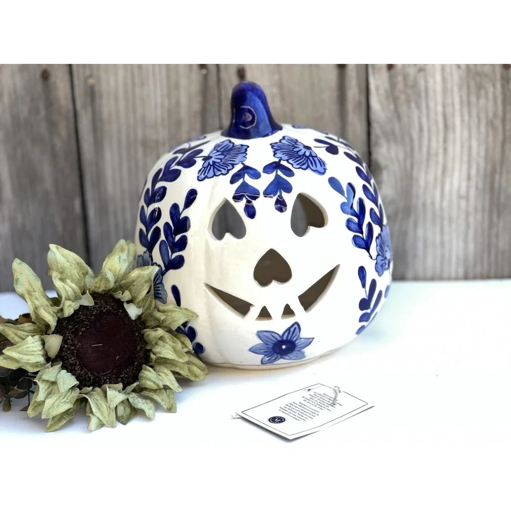 Martha Stewart Fall Halloween Ceramic Pumpkin Jack O Lantern Blue White Candle